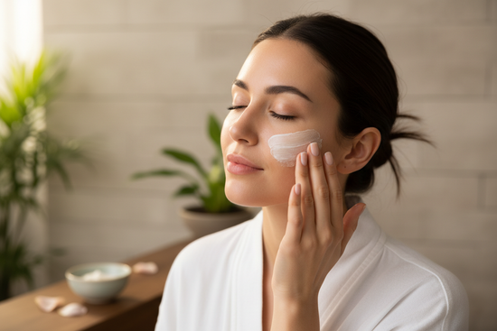 a woman using skin care cream ligheting 